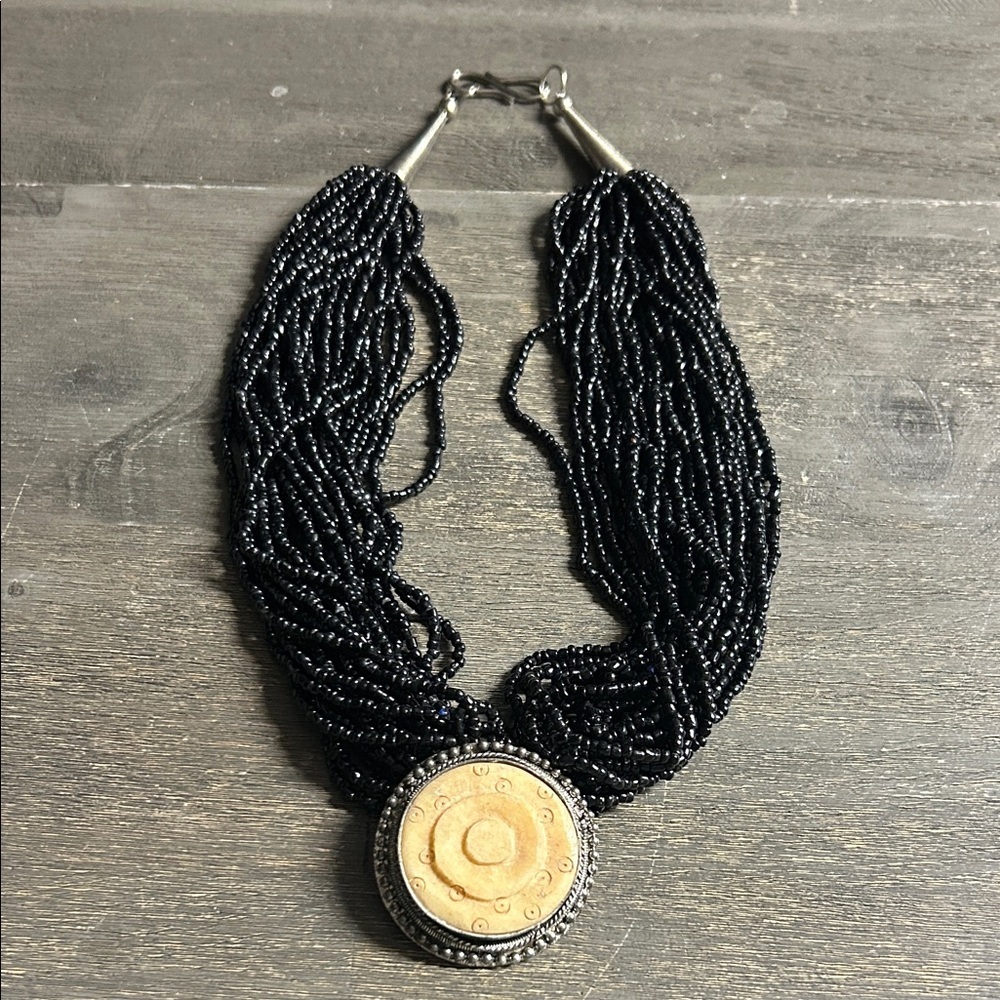 Moda on‎ Main by Mara Vintage Black Beaded & Bone Medallion Necklace